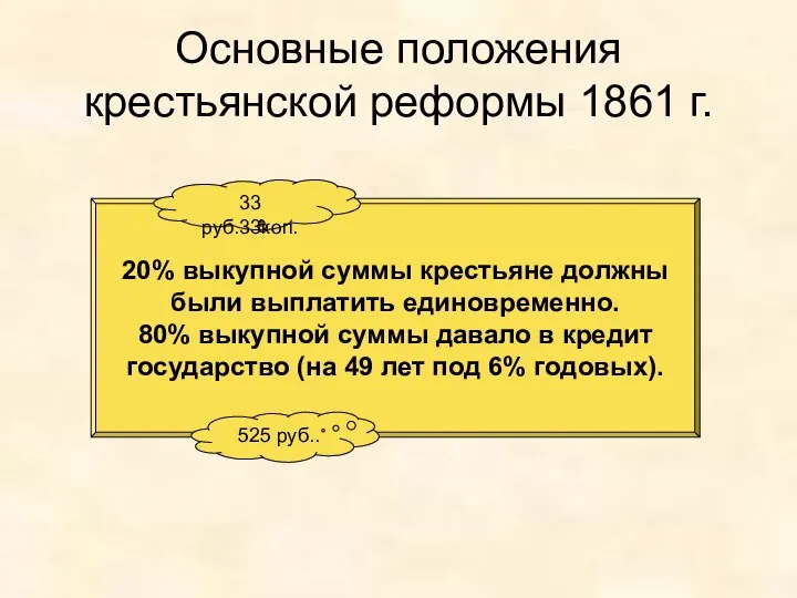 Основные положения крестьянской реформы 1861 г. 20% выкупной суммы крестьяне