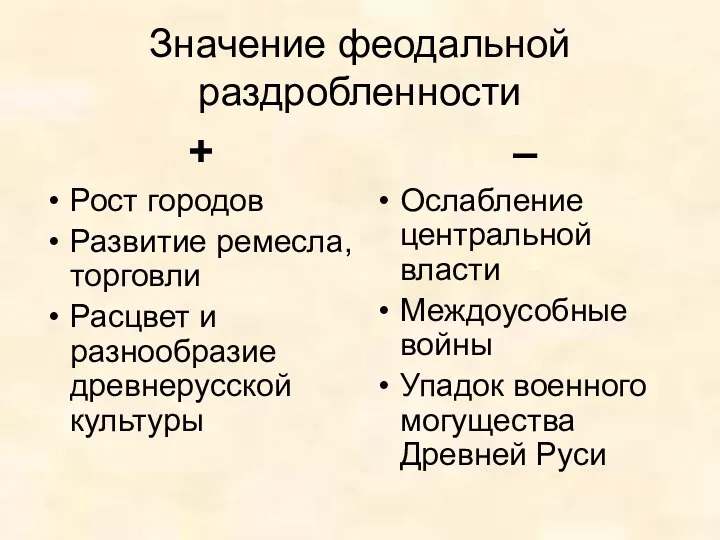 Значение феодальной раздробленности + Рост городов Развитие ремесла, торговли Расцвет