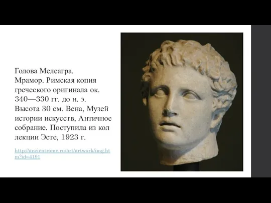 Голова Мелеагра. Мрамор. Римская копия греческого оригинала ок. 340—330 гг. до н. э.
