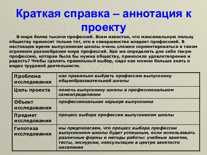 Краткая справка – аннотация к проекту В мире более тысячи