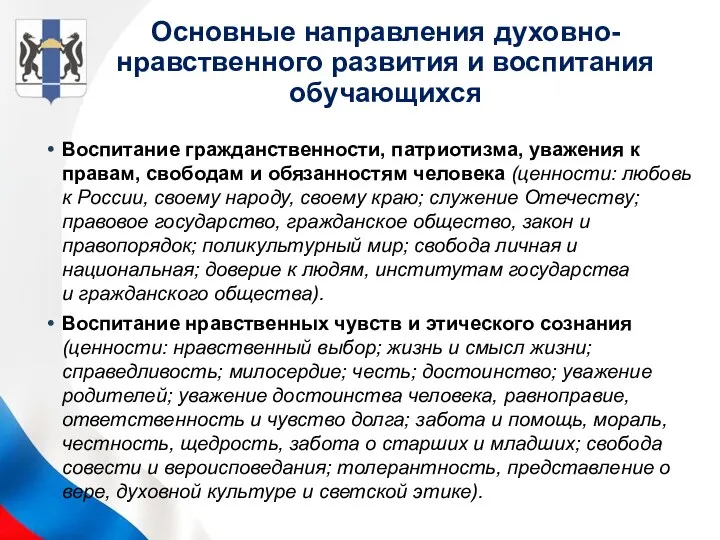 Основные направления духовно-нравственного развития и воспитания обучающихся Воспитание гражданственности, патриотизма,