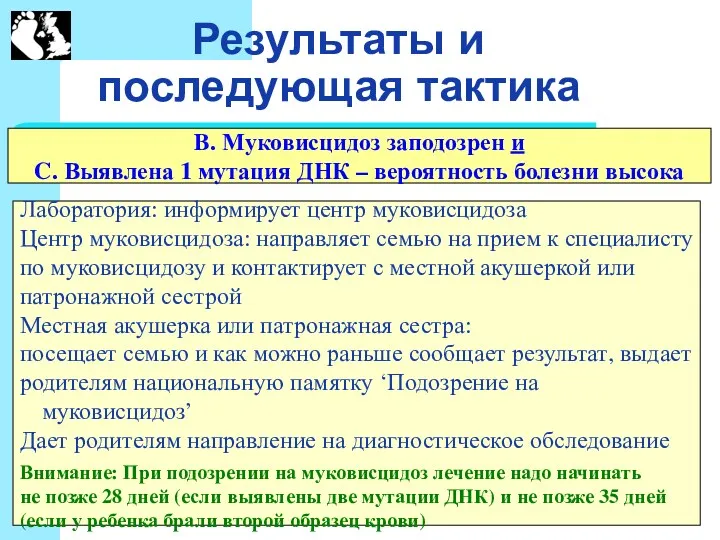 Результаты и последующая тактика B. Муковисцидоз заподозрен и C. Выявлена 1 мутация ДНК