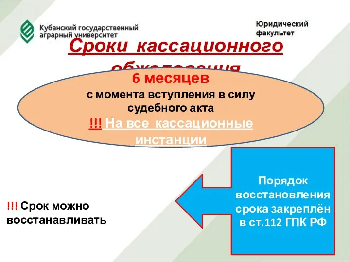 Сроки кассационного обжалования 6 месяцев с момента вступления в силу