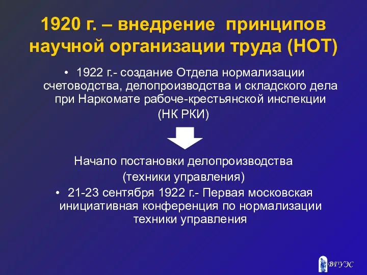 1920 г. – внедрение принципов научной организации труда (НОТ) 1922