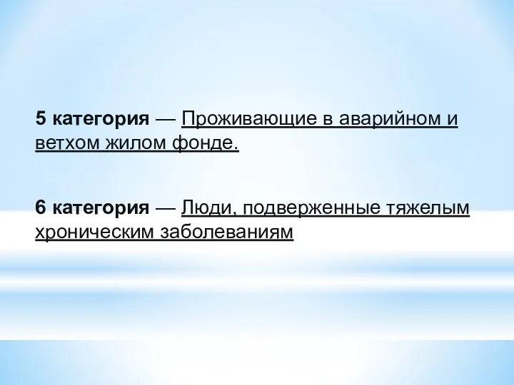 5 категория — Проживающие в аварийном и ветхом жилом фонде.