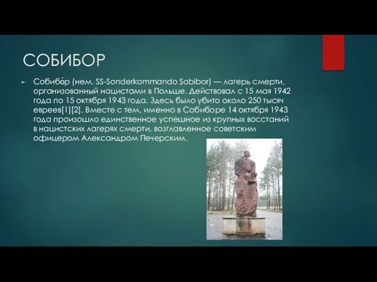 СОБИБОР Собибо́р (нем. SS-Sonderkommando Sobibor) — лагерь смерти, организованный нацистами в Польше. Действовал