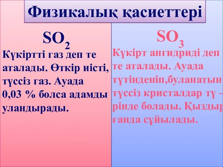 Физикалық қасиеттері SO2 Күкіртті газ деп те аталады. Өткір иісті,