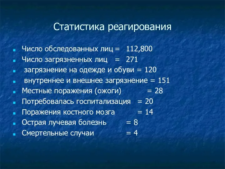 Статистика реагирования Число обследованных лиц = 112,800 Число загрязненных лиц = 271 загрязнение