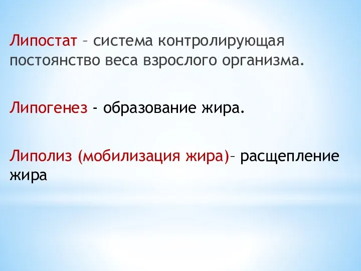 Липостат – система контролирующая постоянство веса взрослого организма. Липогенез -