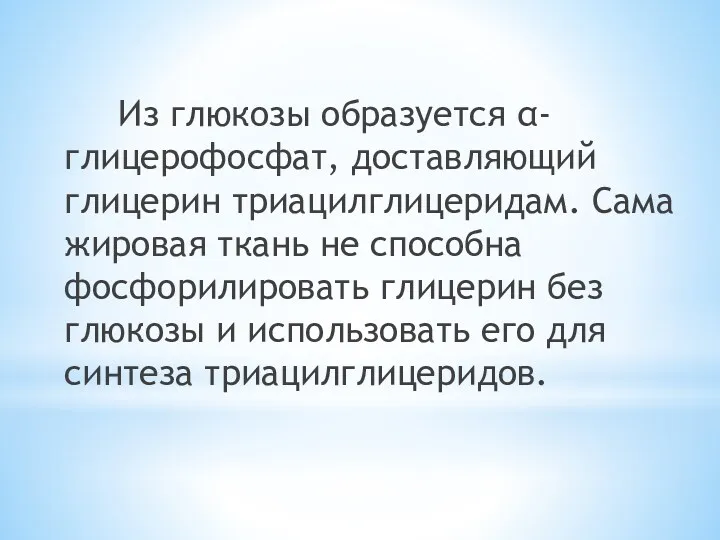 Из глюкозы образуется α-глицерофосфат, доставляющий глицерин триацилглицеридам. Сама жировая ткань