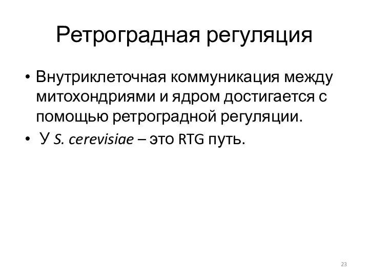 Ретроградная регуляция Внутриклеточная коммуникация между митохондриями и ядром достигается с