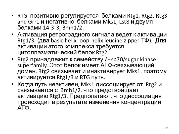 RTG позитивно регулируется белками Rtg1, Rtg2, Rtg3 and Grr1 и