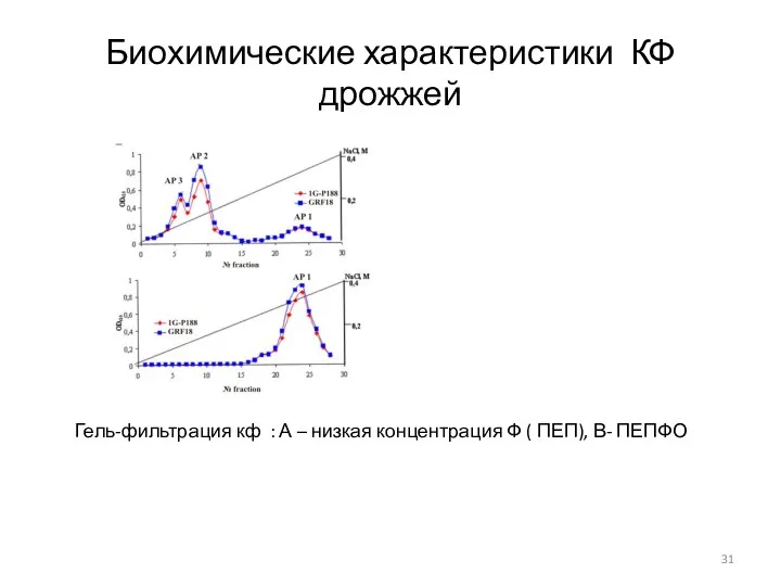 Биохимические характеристики КФ дрожжей Гель-фильтрация кф : А – низкая концентрация Ф ( ПЕП), В- ПЕПФО