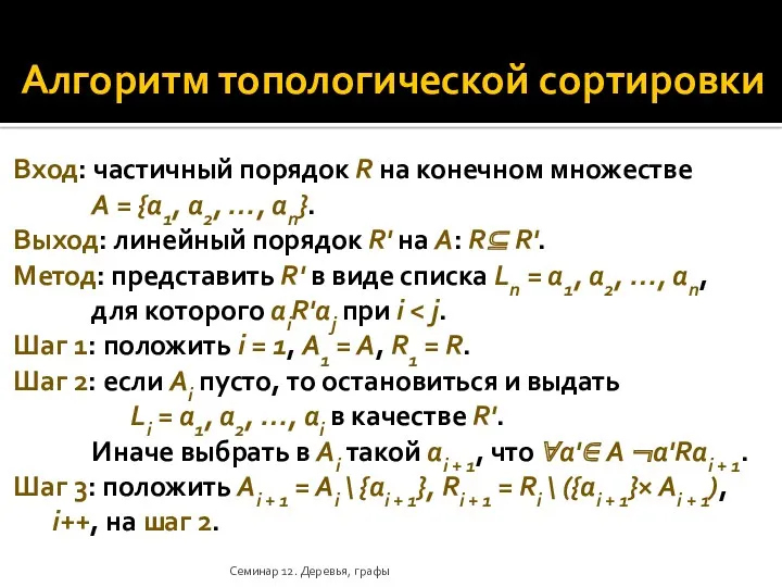 Алгоритм топологической сортировки Вход: частичный порядок R на конечном множестве