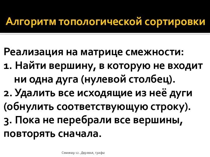 Алгоритм топологической сортировки Реализация на матрице смежности: 1. Найти вершину,