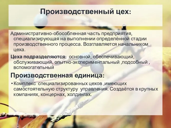 Производственный цех: Административно-обособленная часть предприятия, специализирующая на выполнении определённой стадии