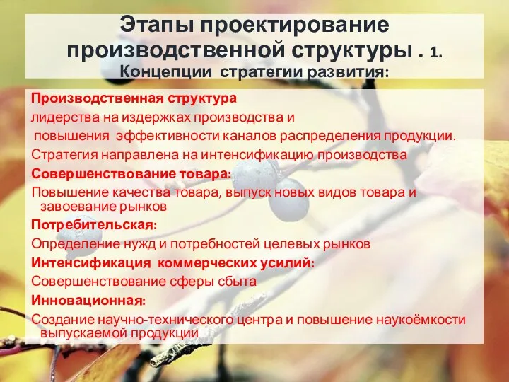 Этапы проектирование производственной структуры . 1. Концепции стратегии развития: Производственная структура лидерства на