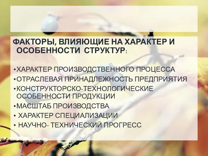 ФАКТОРЫ, ВЛИЯЮЩИЕ НА ХАРАКТЕР И ОСОБЕННОСТИ СТРУКТУР: ХАРАКТЕР ПРОИЗВОДСТВЕННОГО ПРОЦЕССА