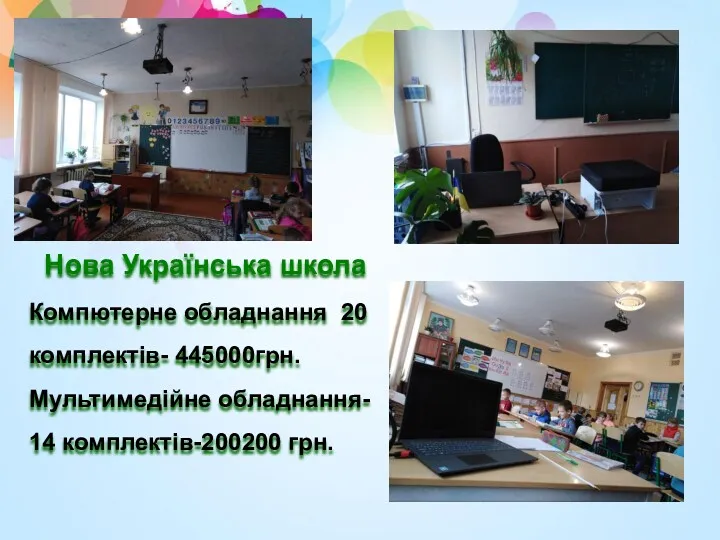 Нова Українська школа Компютерне обладнання 20 комплектів- 445000грн. Мультимедійне обладнання- 14 комплектів-200200 грн.