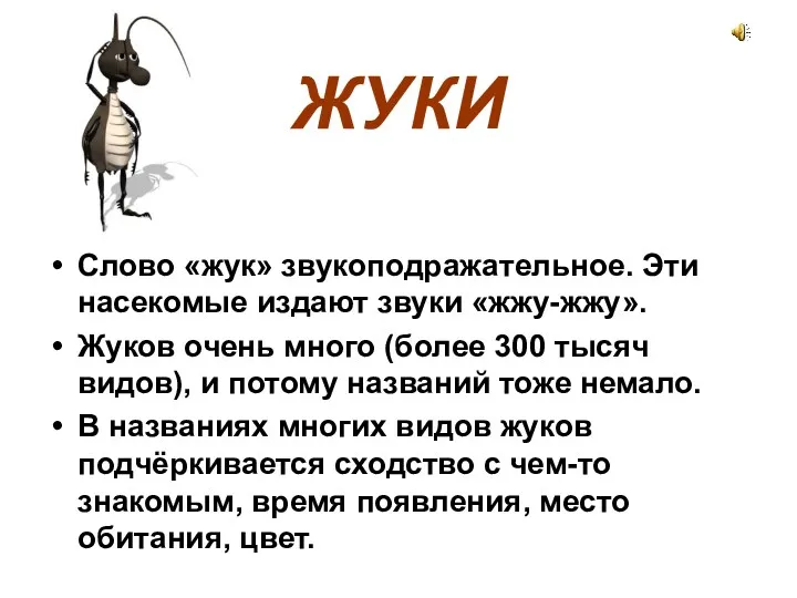 ЖУКИ Слово «жук» звукоподражательное. Эти насекомые издают звуки «жжу-жжу». Жуков