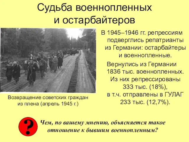Судьба военнопленных и остарбайтеров В 1945–1946 гг. репрессиям подверглись репатрианты