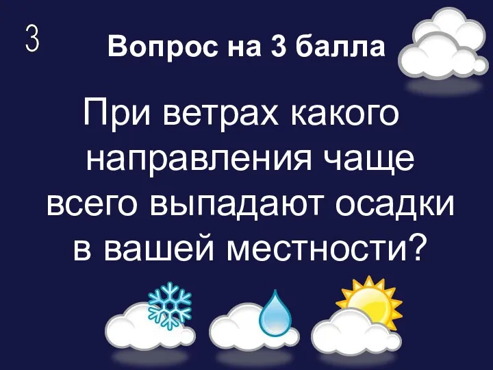 Вопрос на 3 балла При ветрах какого направления чаще всего выпадают осадки в вашей местности? 3