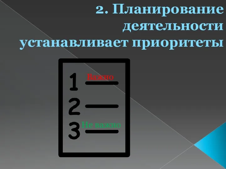 2. Планирование деятельности устанавливает приоритеты Важно Не важно