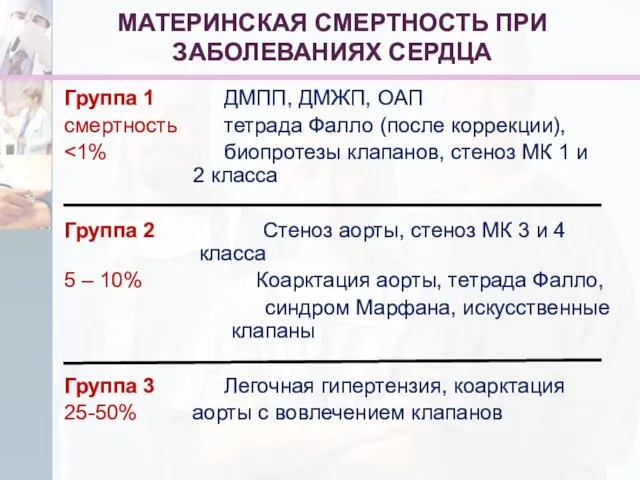 МАТЕРИНСКАЯ СМЕРТНОСТЬ ПРИ ЗАБОЛЕВАНИЯХ СЕРДЦА Группа 1 ДМПП, ДМЖП, ОАП