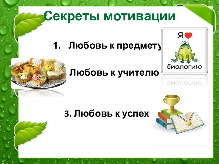 Секреты мотивации Любовь к предмету 2. Любовь к учителю 3. Любовь к успеху