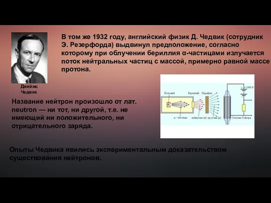 В том же 1932 году, английский физик Д. Чедвик (сотрудник