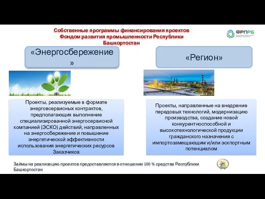 Собственные программы финансирования проектов Фондом развития промышленности Республики Башкортостан «Энергосбережение» «Регион» Проекты, реализуемые