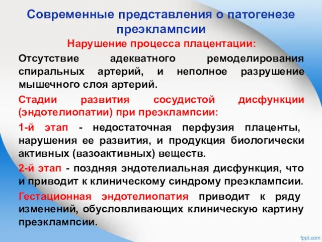 Современные представления о патогенезе преэклампсии Нарушение процесса плацентации: Отсутствие адекватного