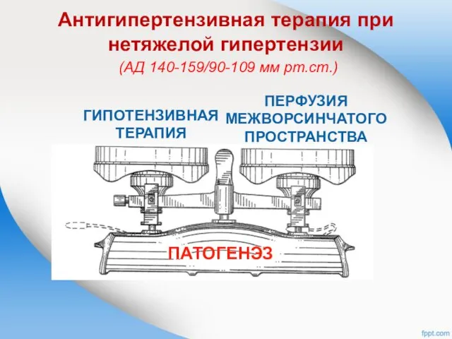 Антигипертензивная терапия при нетяжелой гипертензии (АД 140-159/90-109 мм рт.ст.) ГИПОТЕНЗИВНАЯ ТЕРАПИЯ ПЕРФУЗИЯ МЕЖВОРСИНЧАТОГО ПРОСТРАНСТВА ПАТОГЕНЭЗ