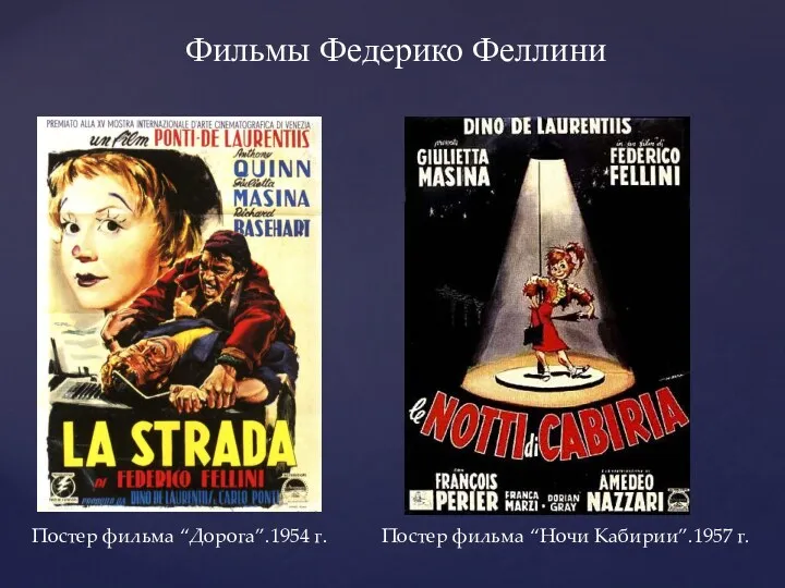Фильмы Федерико Феллини Постер фильма “Дорога”.1954 г. Постер фильма “Ночи Кабирии”.1957 г.