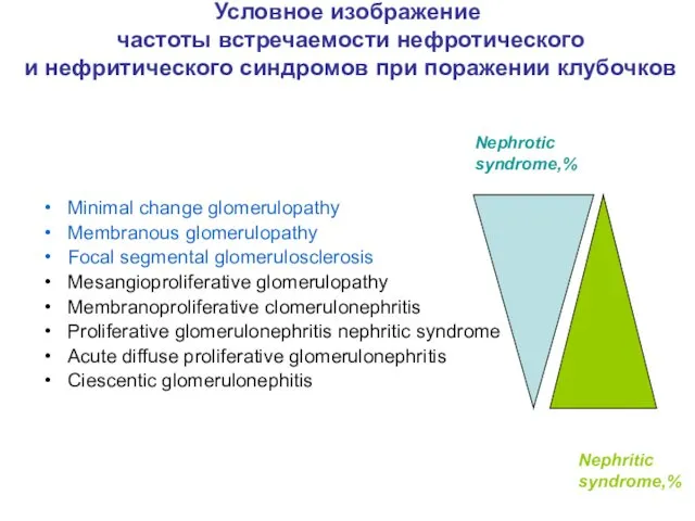 Условное изображение частоты встречаемости нефротического и нефритического синдромов при поражении