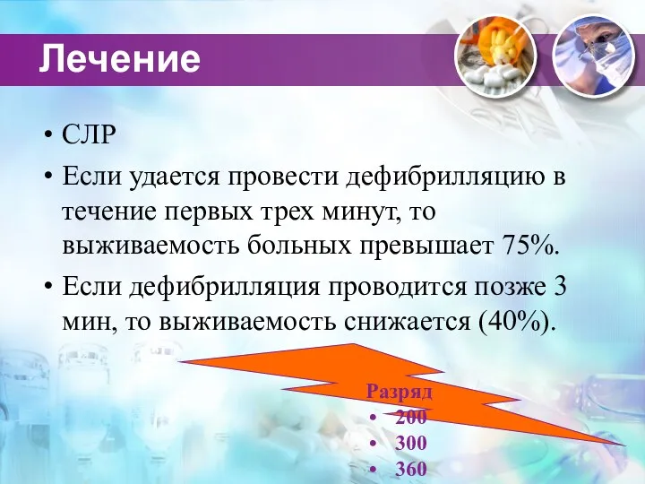 Лечение СЛР Если удается провести дефибрилляцию в течение первых трех