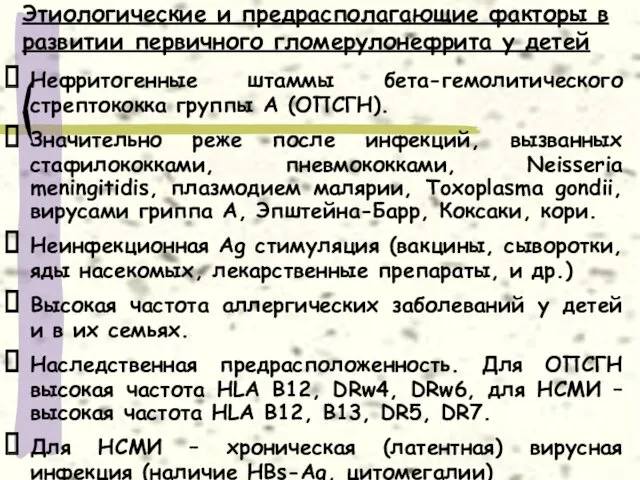 Этиологические и предрасполагающие факторы в развитии первичного гломерулонефрита у детей Нефритогенные штаммы бета-гемолитического