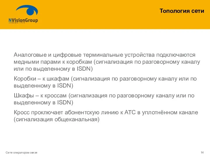 Топология сети Аналоговые и цифровые терминальные устройства подключаются медными парами