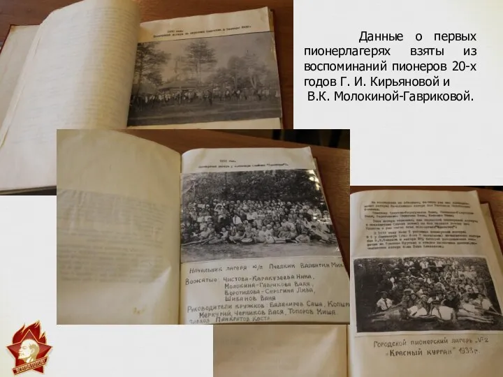 Данные о первых пионерлагерях взяты из воспоминаний пионеров 20-х годов Г. И. Кирьяновой и В.К. Молокиной-Гавриковой.