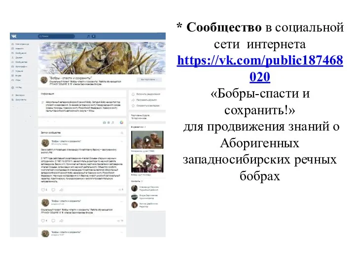 * Сообщество в социальной сети интернета https://vk.com/public187468020 «Бобры-спасти и сохранить!»