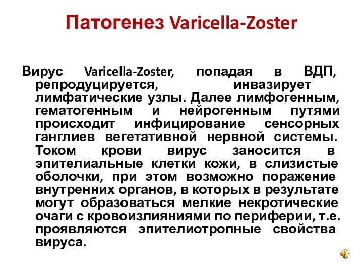 Патогенез Varicella-Zoster Вирус Varicella-Zoster, попадая в ВДП, репродуцируется, инвазирует лимфатические узлы. Далее лимфогенным,