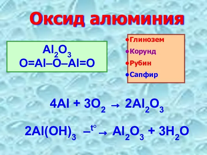 Оксид алюминия Al2O3 O=Al–O–Al=O Глинозем Корунд Рубин Сапфир 4Al +