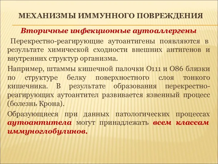 МЕХАНИЗМЫ ИММУННОГО ПОВРЕЖДЕНИЯ Вторичные инфекционные аутоаллергены Перекрестно-реагирующие аутоантигены появляются в