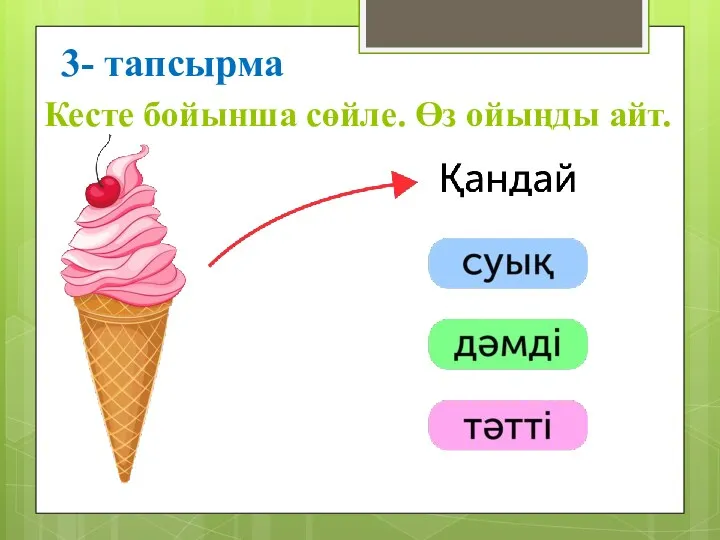 3- тапсырма Кесте бойынша сөйле. Өз ойыңды айт.