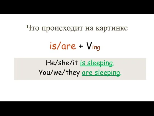 Что происходит на картинке He/she/it is sleeping. You/we/they are sleeping. is/are + Ving