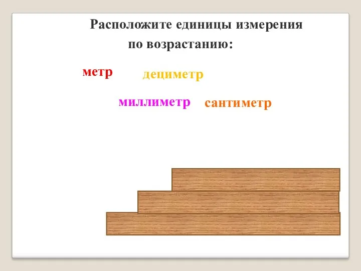 Расположите единицы измерения по возрастанию: дециметр метр сантиметр миллиметр мм см дм м