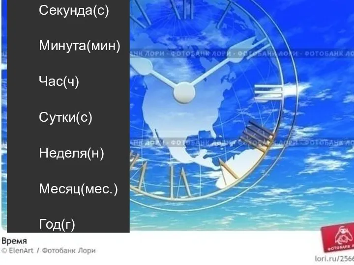 Секунда(с) Минута(мин) Час(ч) Сутки(с) Неделя(н) Месяц(мес.) Год(г)