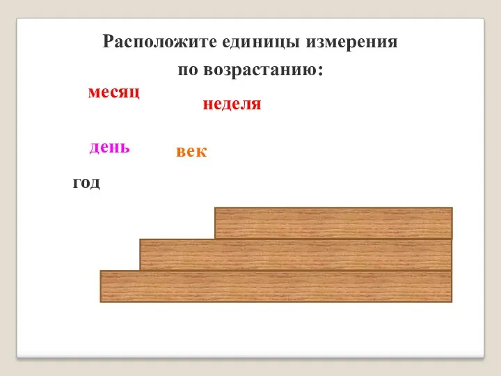 Расположите единицы измерения по возрастанию: месяц неделя год день век день год век месяц неделя