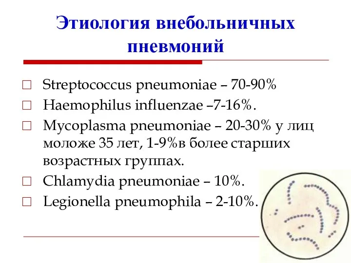 Этиология внебольничных пневмоний Streptococcus pneumoniae – 70-90% Haemophilus influenzae –7-16%.