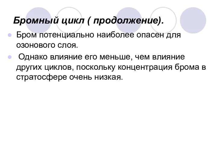 Бромный цикл ( продолжение). Бром потенциально наиболее опасен для озонового